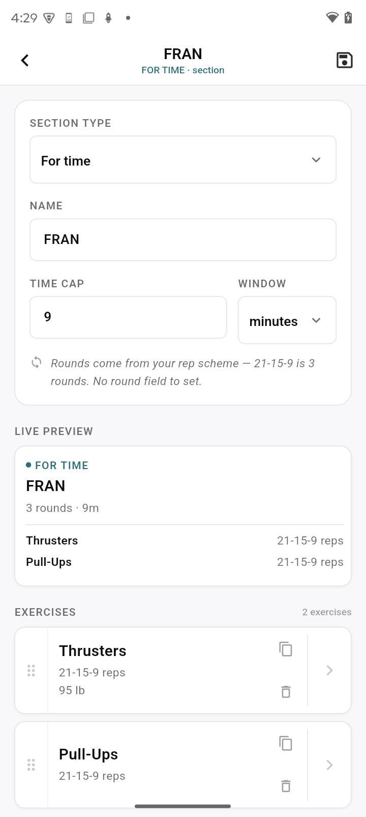 WodBuddy workout editor with rounds, movements and loads