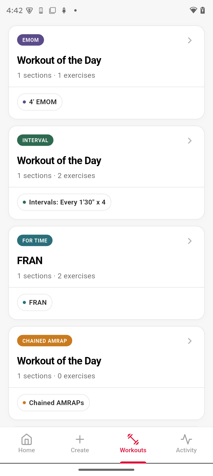 WodBuddy workout list showing today's WOD