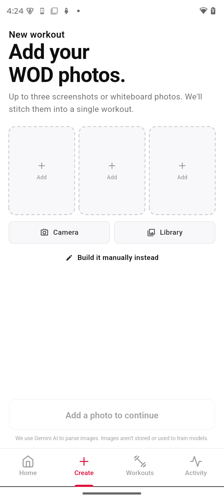 WodBuddy camera screen photographing a gym whiteboard