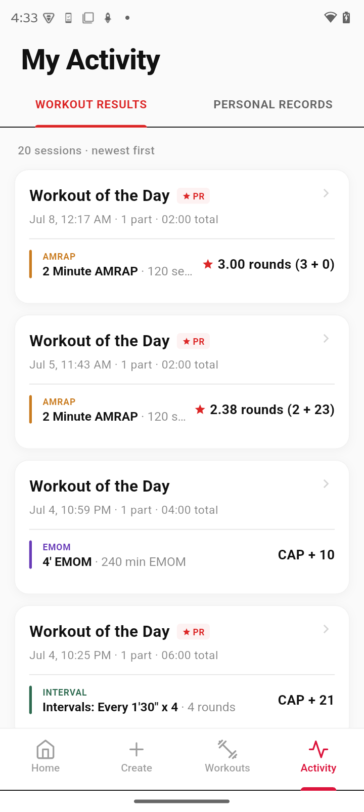 WodBuddy workout results screen after training
