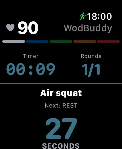 WodBuddy on Apple Watch showing the current movement, reps and running clock