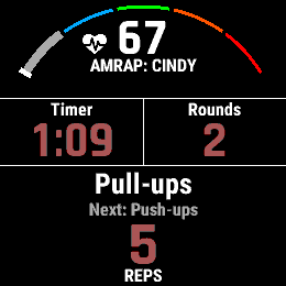 WodBuddy on a Garmin watch showing the current movement, reps and running clock
